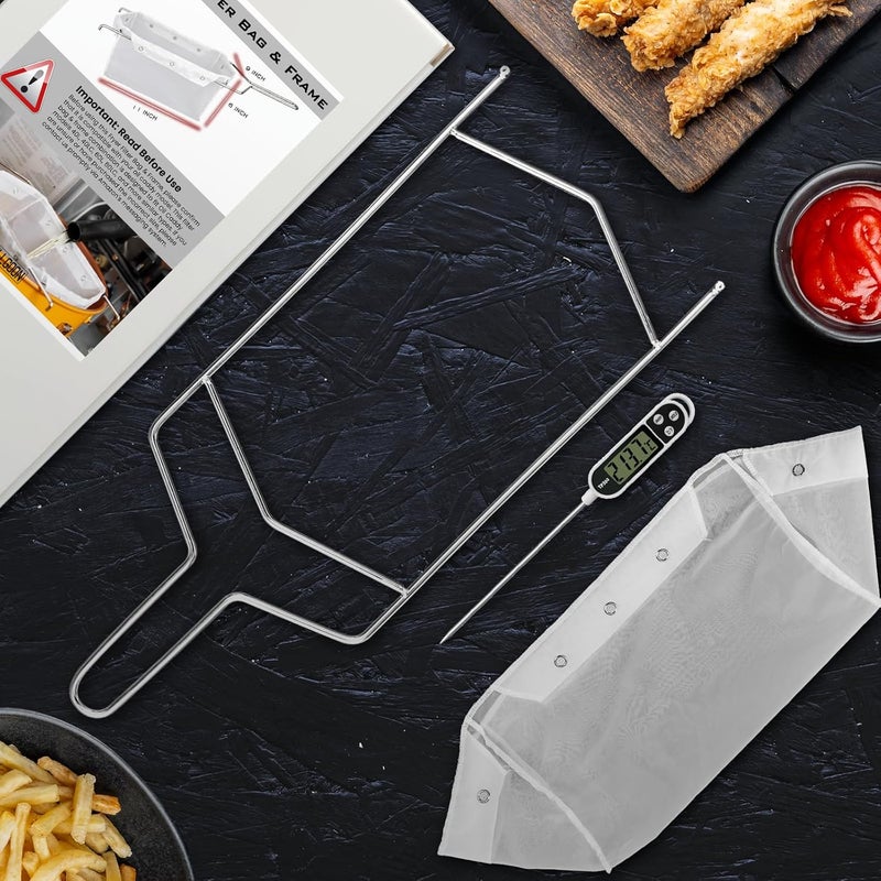 Willgoon Fryer Filter Bag & Frame Set, Reusable Oil Strainer for 70 lb Cooking Oil, Fine Mesh to Capture Crumbs, Durable for Home & Commercial Use, with 1 Professional Food Thermometer - Image 3